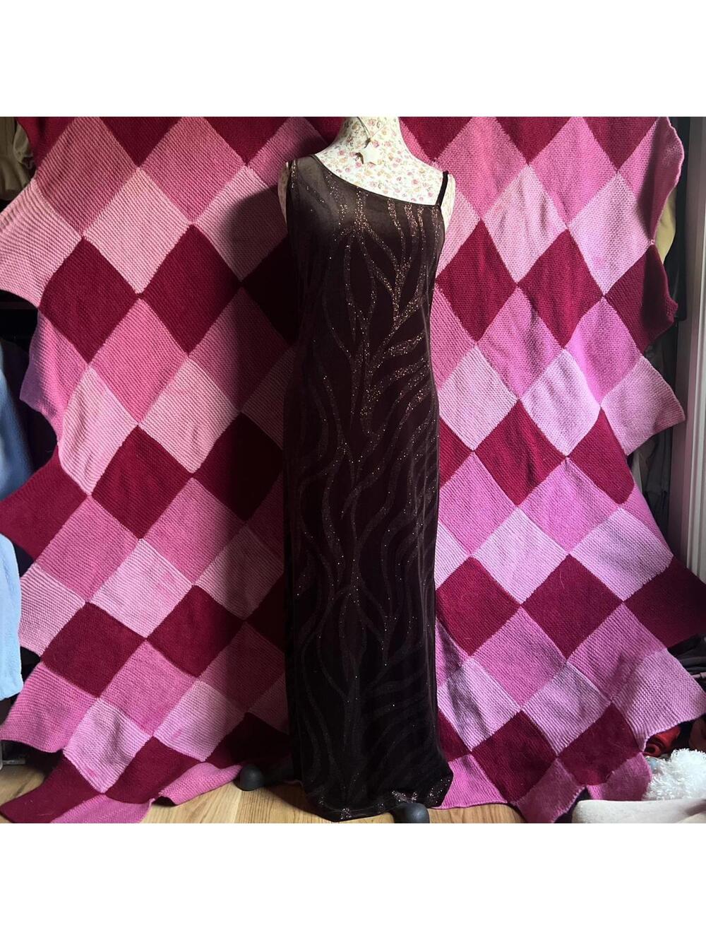 y2k brown maxi sparkly velvet dress